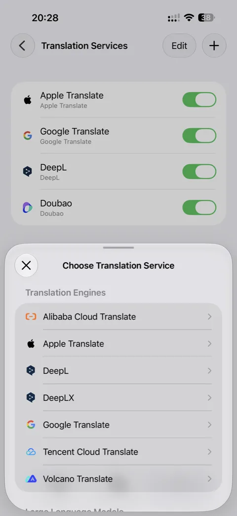 The translation services list and the service picker